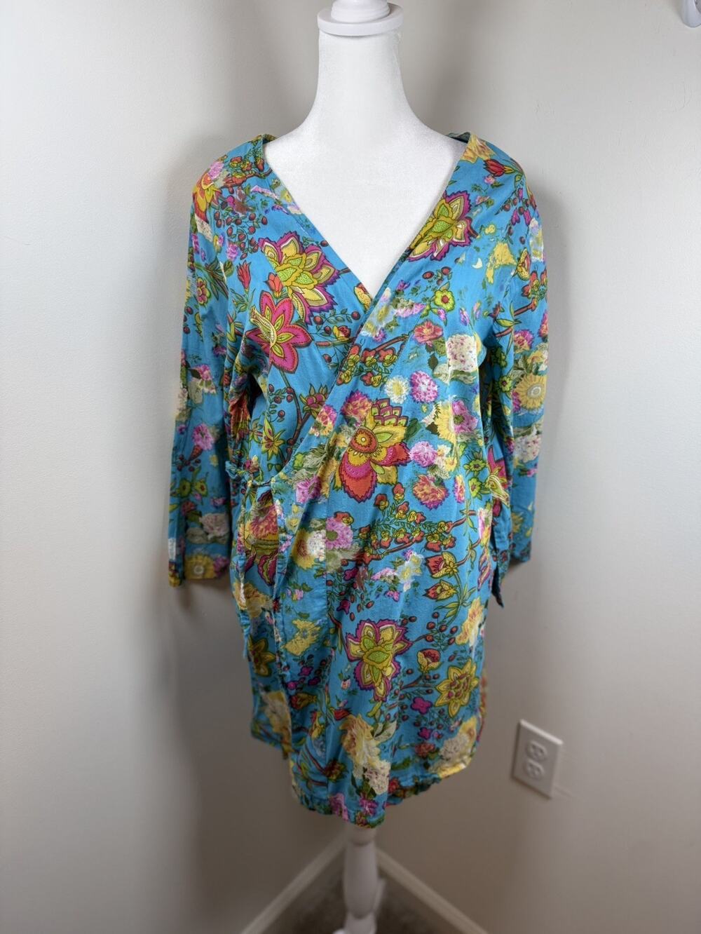 Plum Pretty Sugar 100% Cotton Floral Kimono Robe Loungewear Boho Small Blue